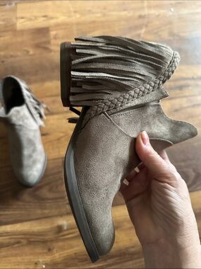 Not Rated Taupe Fringe Suede Ankle Booties